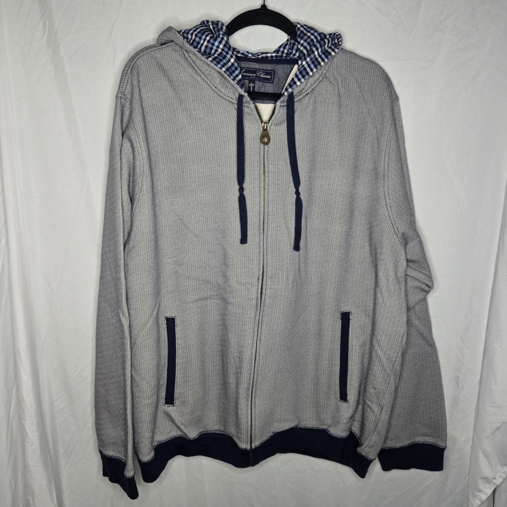 American Classics Russell Simmons XL Herringbone Print Jacket Hooded Navy Preppy